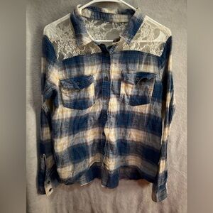 Mudd Blue and Cream Plaid Womens Shirt with Lace Detail